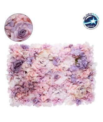 GloboStar® 78331 Artificial - Συνθετικό Τεχνητό Διακοσμητικό Πάνελ Λουλουδιών - Κάθετος Κήπος Τριαντάφυλλο - Ορτανσία - Βιολέτα - Ροζ - Λιλά Μ60 x Υ40 x Π7cm